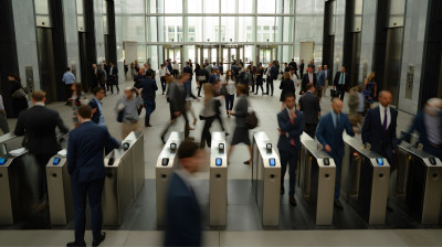 Ochrona biurowca – pracownicy przechodzą przez bramki kontroli dostępu